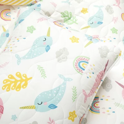 3pc Full/Queen Kids' Magical Narwhal Reversible Oversized Quilt Set White - Lush Décor: Kids Bedding, OEKO-TEX Certified 6 3pc Full/Queen Kids' Magical Narwhal Reversible Oversized Quilt Set White - Lush Décor: Kids Bedding, OEKO-TEX Certified - Image 4