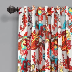 Set Of 2 (95"x38") Zara Jacobean Back Tab Rod Pocket Light Filtering Window Curtain Panels White/Red - Lush Décor