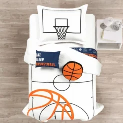 4pc Twin Kids' Basketball Game Reversible Oversized Comforter Bedding Set White/Navy - Lush Décor: Sports Bedding, Kids Bedroom Decor