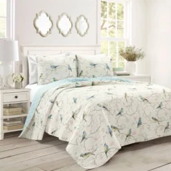 Lush Décor 3pc Botanical Bird And Flower Oversized Reversible Quilt Set White/Blue/Yellow -Lush Decor Store GUEST 32b47f22 5c17 41f3 a367 afe6413b5a6b