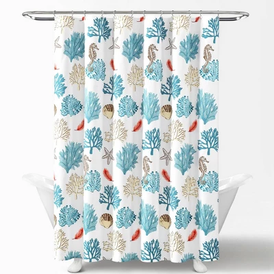 Single Reef Feather Shower Curtain Blue/Coral - Lush Décor 6 Single Reef Feather Shower Curtain Blue/Coral - Lush Décor - Image 4