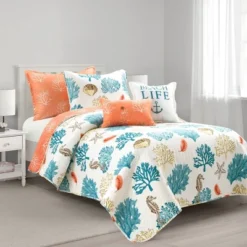 Coastal Reef Feather Reversible Quilt Set Blue/Coral - Lush Décor -Lush Decor Store GUEST 57970600 572b 4151 a282 52fdf09f2b98