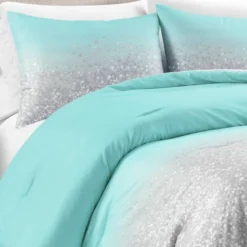 2pc Twin Glitter Ombre Metallic Print Kids' Comforter Set Aqua/Gray - Lush Décor: Teen Bedding, Microfiber, Breathable