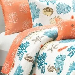 Coastal Reef Feather Reversible Quilt Set Blue/Coral - Lush Décor -Lush Decor Store GUEST 59c297d2 c930 4067 b09f 6c47ab61abe3