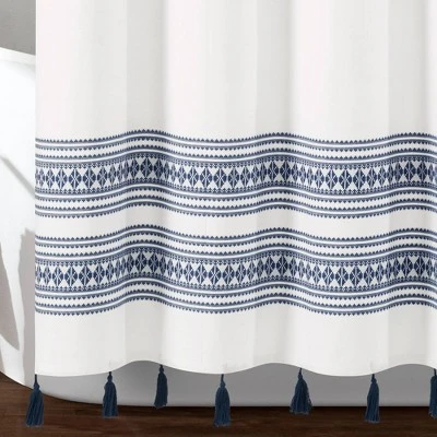 72"x72" Breezy Chic Tassel Jacquard Eco-Friendly Recycled Cotton Shower Curtain Navy - Lush Décor 5 72"x72" Breezy Chic Tassel Jacquard Eco-Friendly Recycled Cotton Shower Curtain Navy - Lush Décor - Image 3