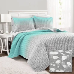 3pc Full/Queen Glitter Ombre Metallic Print Kids' Quilt Set Aqua/Gray - Lush Décor: Girls & Teen Bedding, Room Decor -Lush Decor Store GUEST 7c2aaa6b 219c 46c8 8f8d bf46cd0bef97