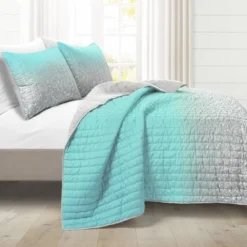 3pc Full/Queen Glitter Ombre Metallic Print Kids' Quilt Set Aqua/Gray - Lush Décor: Girls & Teen Bedding, Room Decor
