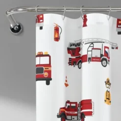 72"x72" Kids' Make A Wish Fire Truck Shower Curtain Single White/Red - Lush Décor